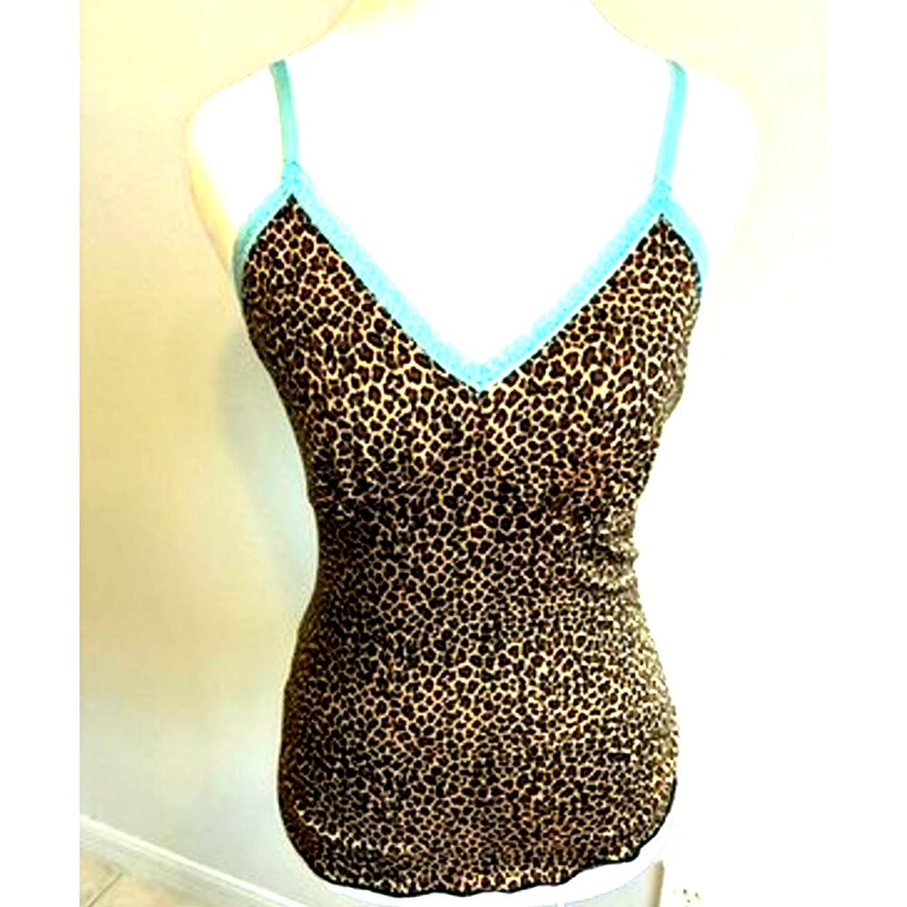 Y2K BEBE Leopard Print Babydoll Cami Blue Lace Trim Club Sexy 90s Coquette S